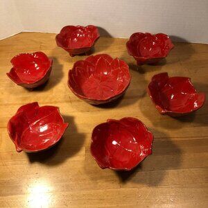 Set of 7 Red Leaf Poinsettia Serving Bowls Ceramic Glazed Holiday Christmas